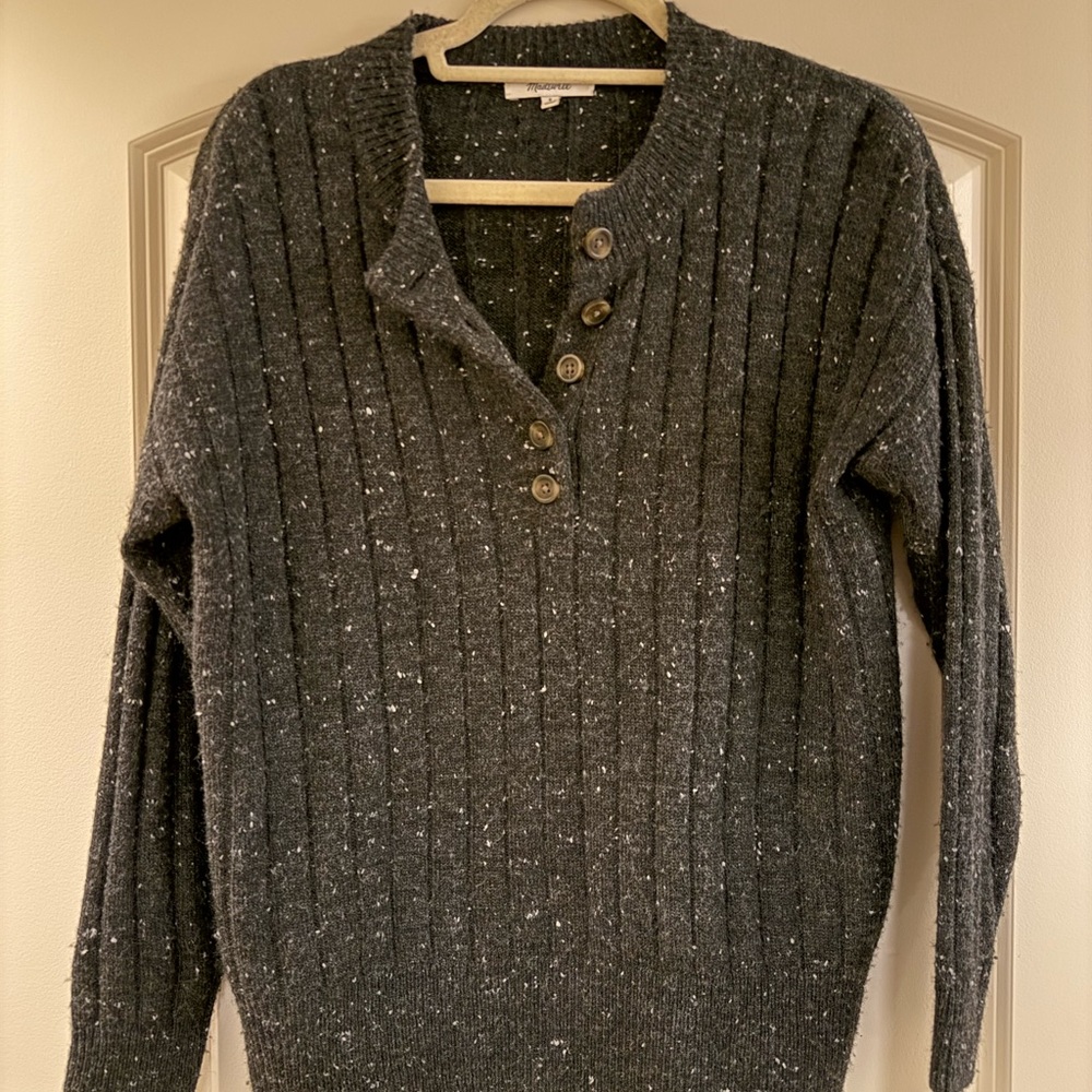 Madewell Speckled Grey Henley Sweater, Size Small